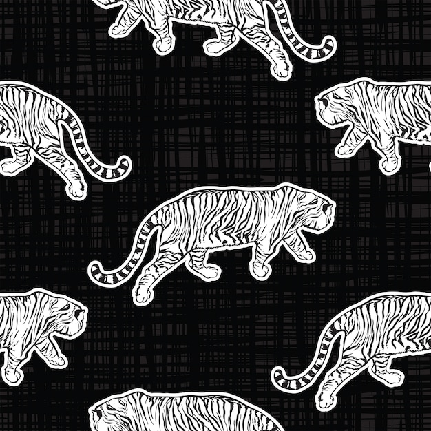 Trendy tiger safari nahtloses muster vektor hand gezeichnete coole art auf textur