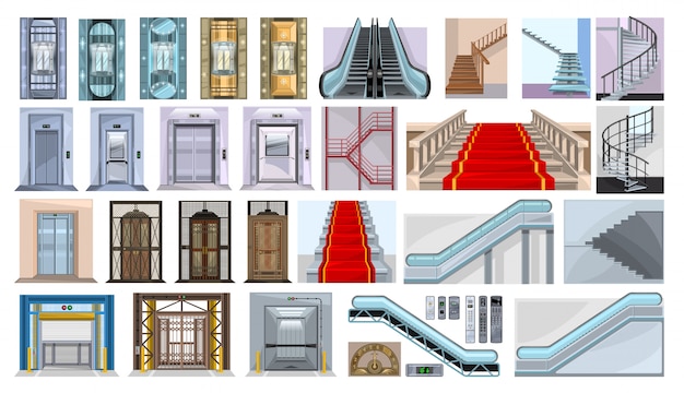 Treppe der rolltreppenillustration auf weißem hintergrund. isolierte karikatursatzikonentreppe. cartoon set icon treppe.