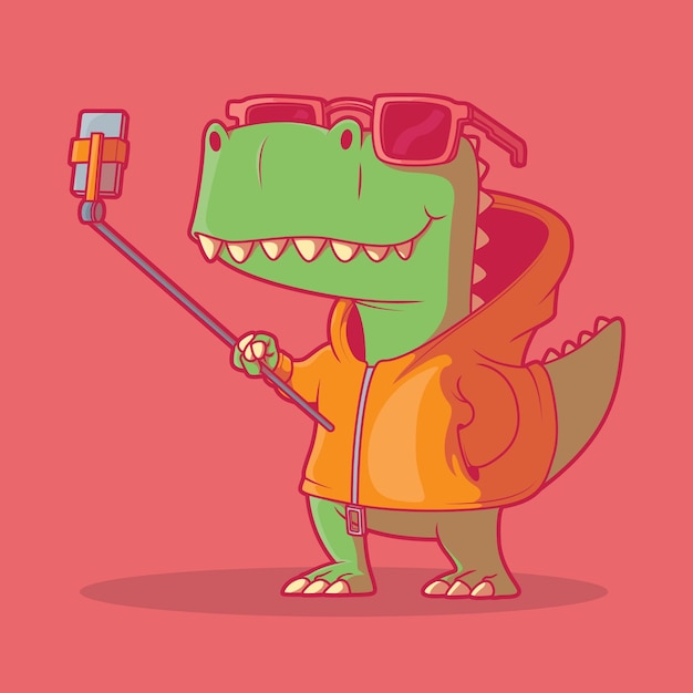 Trex-charakter, der selfie-vektorillustration nimmt, lustiges designkonzept des technologietiers