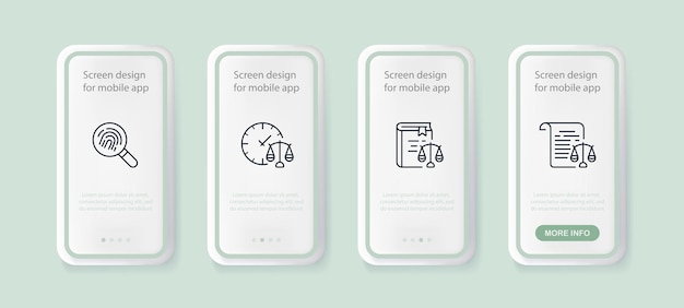 Trial set icon justizwaage fall anwalt jurist richter sträfling gesetz verfassungsrechte und pflichten der bürger jury justizkonzept ui-telefon-app-bildschirme vektorliniensymbol für unternehmen