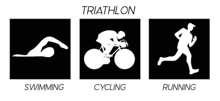 Vektor triathlon-silhouetten von athleten wettbewerb im schwimmen, radfahren und laufen