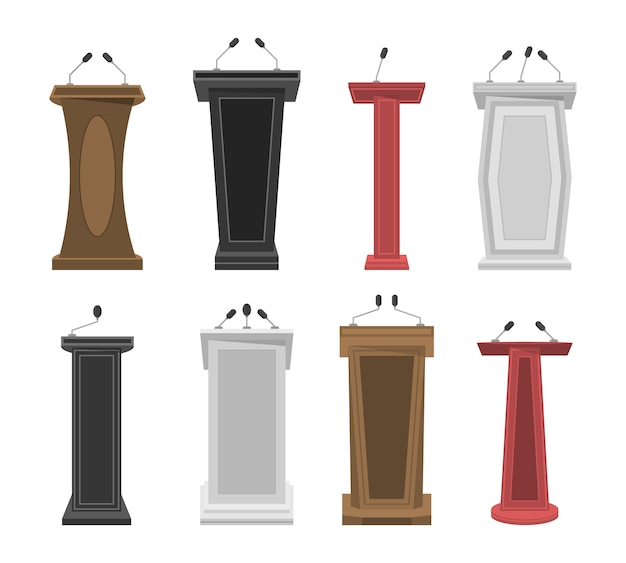 Tribüne, Bühne, Stand oder Debatte Podium Podium mit Mikrofonen. Sammlung von realistischem 3D-Sockel, hölzerner Tribüne und Podium mit Mikrofon für Sprache. Geschäftspräsentation oder Konferenz. .