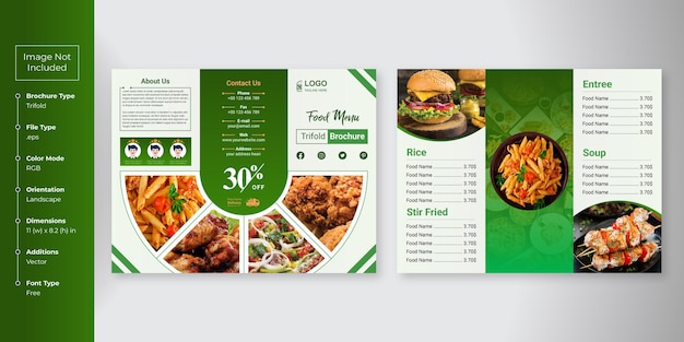 Vektor trifold-broschüren-menüvorlage für lebensmittel fast-food-menübroschüre für restaurant mit gelb und blau