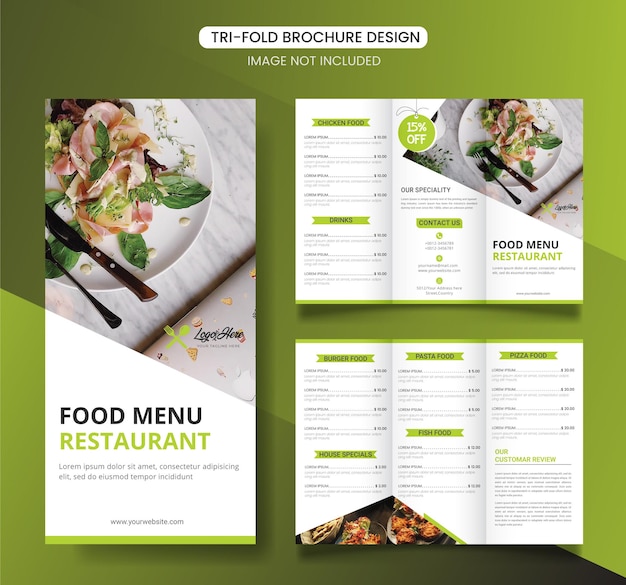 Trifold-broschüren-vorlagendesign für die speisekarte des restaurants