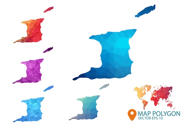 Vektor trinidad und tobago-kartensatz aus geometrischem zerknittertem dreieckigem low-poly-gradienten-grafikhintergrund