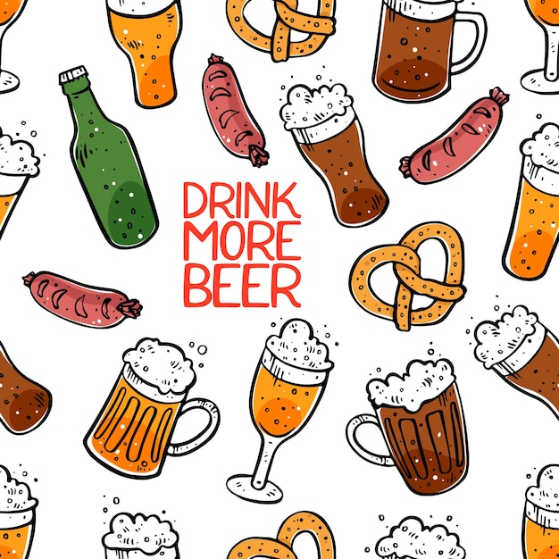 Trinken sie mehr bier. nahtloser hintergrund des unterschiedlichen bieres. handgezeichnete illustrationen