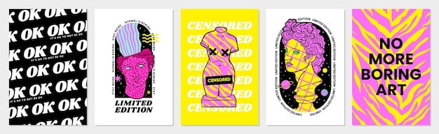 Trippy psychedelische Vektorposter bedecken Designkarten im trendigen Acid Weird-Stil