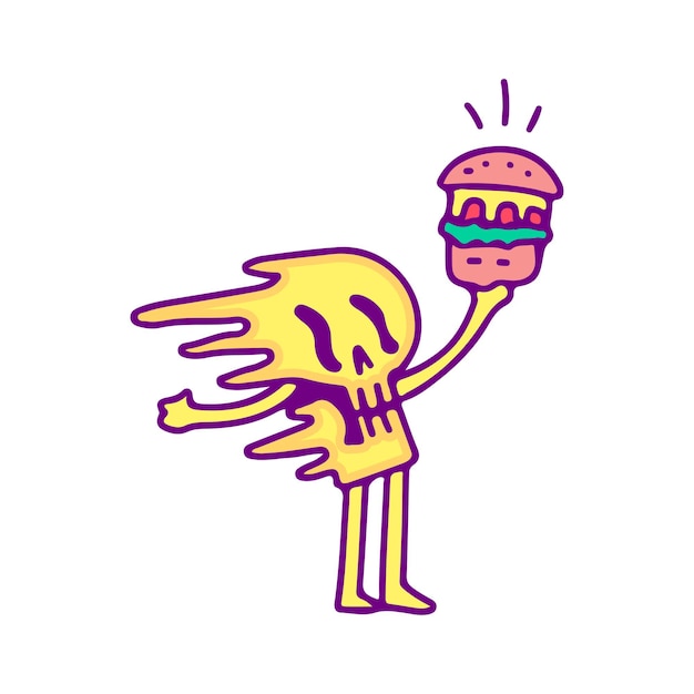 Trippy schädelcharakter mit cheeseburger-cartoon, illustration für t-shirt, aufkleber.