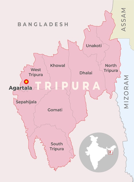 Vektor tripura bezirkskarte mit nachbarstaat und land