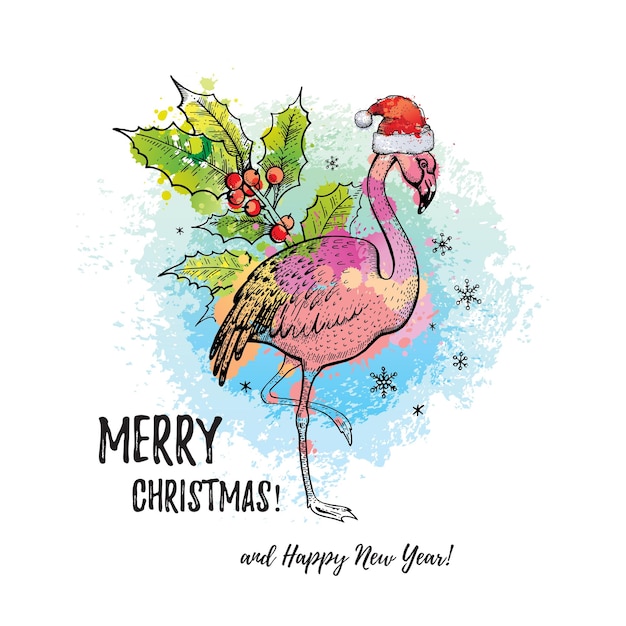 Vektor tropical merry christmas flamingo in santa hut handgezeichnete doodle-skizze mädchen frau t-shirt druckkarte exotisches urlaubssymbol farbvektorillustration aquarellspritzer isolierter weißer hintergrund