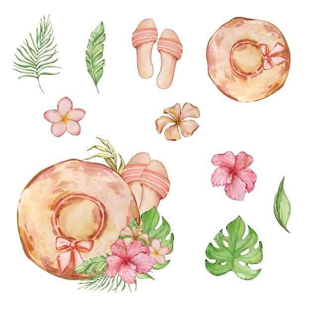 Tropische Aquarellillustration mit hellen tropischen Blättern und Blumen
