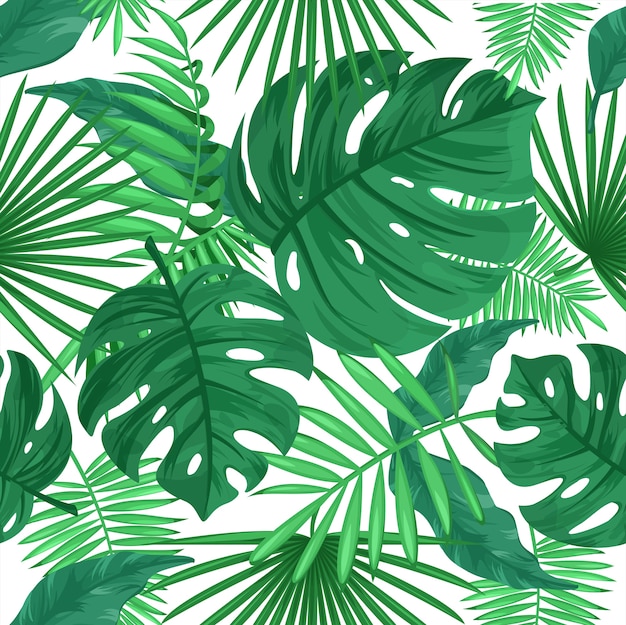 Tropische Blätter färben nahtloses Muster. Dschungelpflanzen auf weißem Hintergrund. Grüne Blätter, exotische Tropenpflanzen, Laub. Dekoratives botanisches Textil, Tapete, Geschenkpapierdesign
