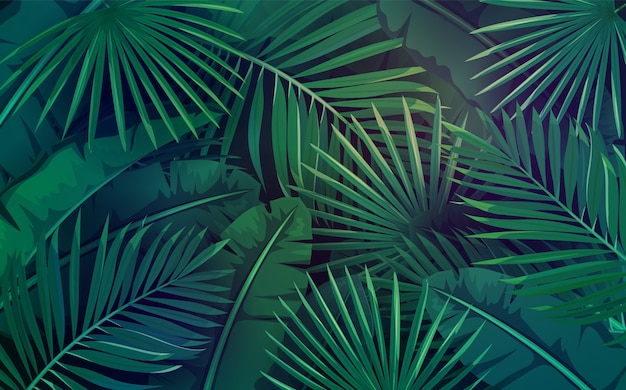 Vektor tropische blätter. layout von dschungel exotischen bananenblatt und areca-palme. tapetenbildschirm tropisches sommerparadies.