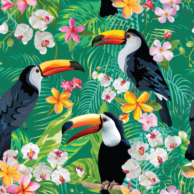 Tropische blumen und tukan-vögel-weinlese-hintergrund. nahtloses sommermuster