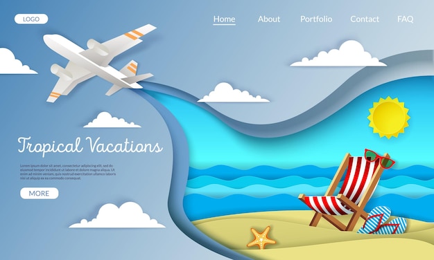 Tropische Ferien, Vektor-Website-Vorlage, Webseiten- und Landing-Page-Design für die Website- und mobile Website-Entwicklung. Sommerliche Strandferien, geschichteter Papierschnitt-Stil