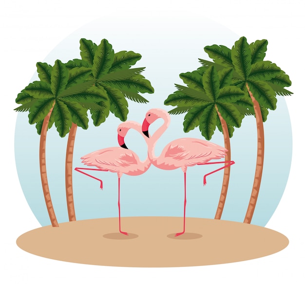 Tropische flamingos mit exotischen palmen
