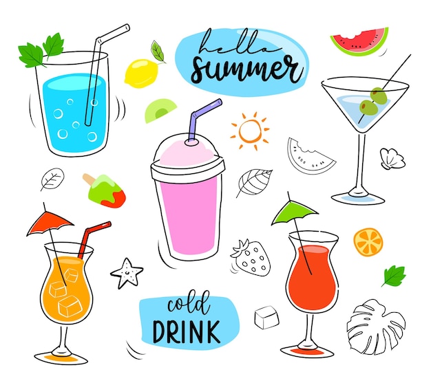 Tropische Getränke Sommermenü Kalte Getränke mit handgezeichneter Illustration Frucht-Smoothie-Cocktails