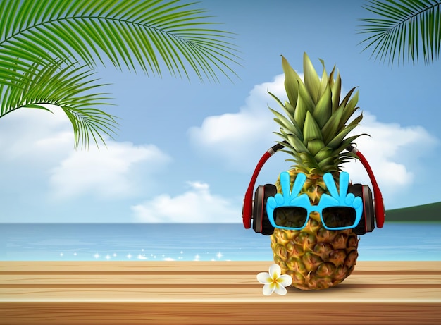 Vektor tropische landschaft mit ananas in sonnenbrille und kopfhörerillustration