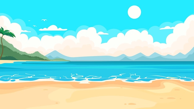 Tropische Meereslandschaft mit Palmstrand mit Silhouetten von Bergen im Hintergrund