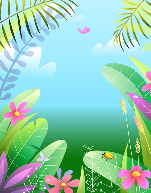 Tropische naturparadieshintergrundkarikatur. ruhige und ruhige sommerlandschaft mit blättern, blumen und blauem himmel. dschungel dichter naturrahmen. vektorillustration im aquarellstil.