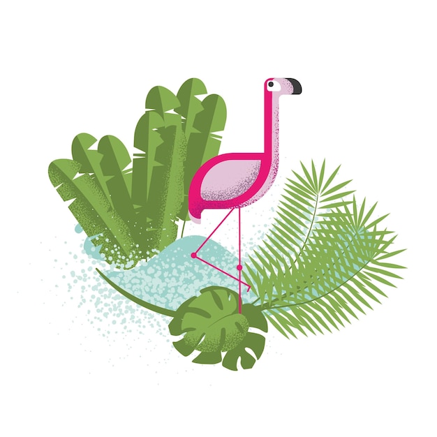 Tropische rosafarbene flamingovögel exotische pläne monstera wasser illustration für den druck