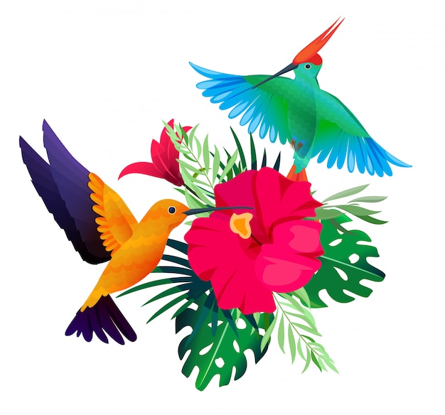 Tropische Vogelpflanzen. Exotischer farbiger Hintergrund mit Papageien und Kolibris, die auf Blättern und Blumen sitzen