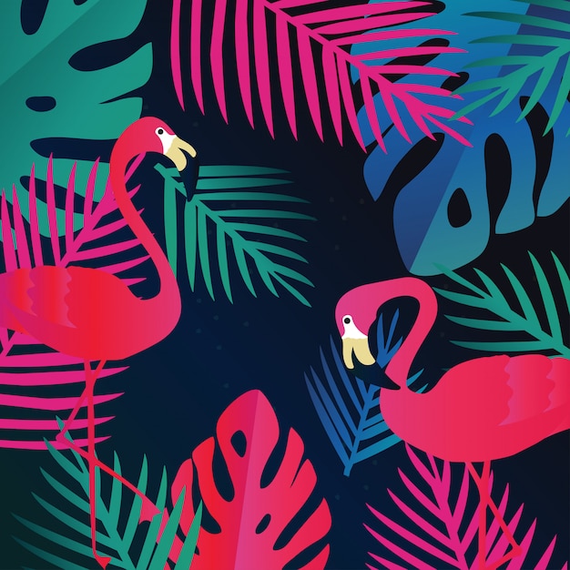 Tropischer Dschungel verlässt Hintergrund mit Flamingos, exotischen Sommer Kunstdruck