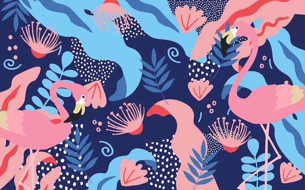 Tropischer Dschungel verlässt Hintergrund mit Flamingos