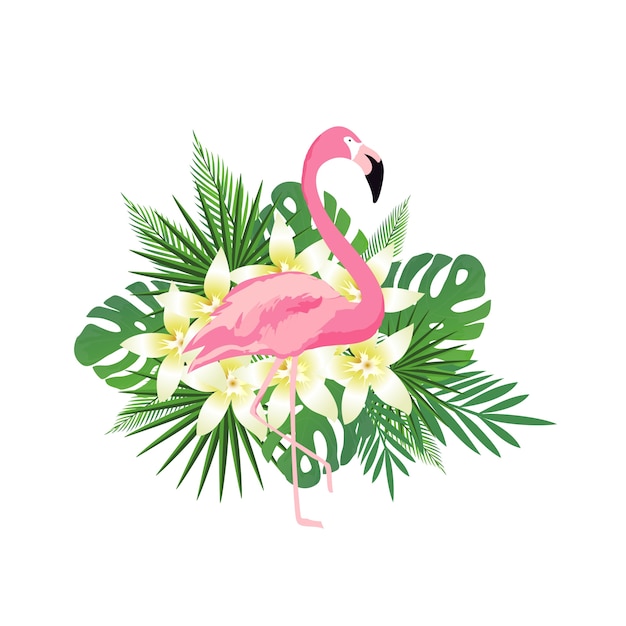 Vektor tropischer hintergrund mit flamingo, blumen und tropischen blättern