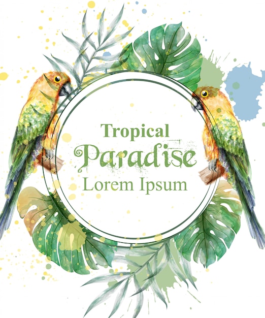 Tropischer paradiesrahmen mit aquarellpapageien und palmblättern
