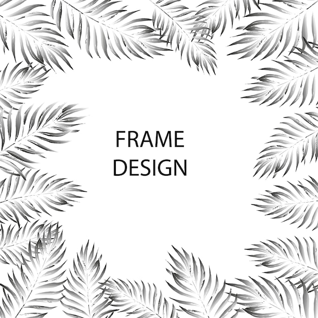 Tropischer Rahmen für Text. Exotischer Rahmen aus Palmblättern, die in einem grauen Farbverlauf gemalt sind. Dschungel und Graustufen. EPS8-Vektorillustration, Platz für Text.