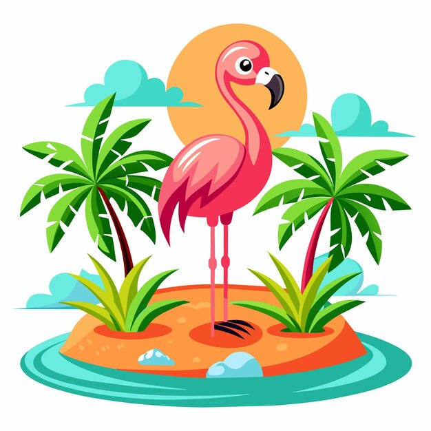 Vektor tropischer rosa flamingo-vogel, handgezeichneter flacher, stilvoller maskottchen, zeichentrickfigur