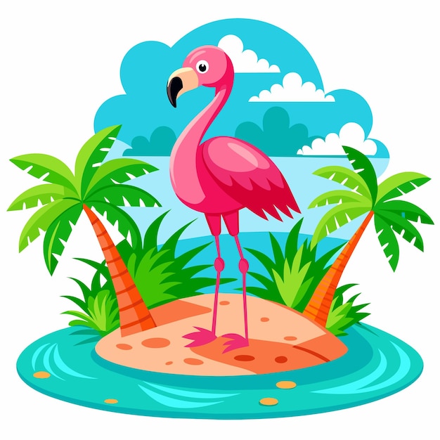 Vektor tropischer rosa flamingo-vogel, handgezeichneter flacher, stilvoller maskottchen, zeichentrickfigur