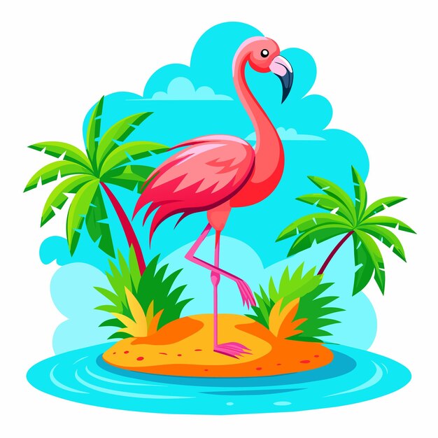 Tropischer rosa flamingo-vogel, handgezeichneter flacher, stilvoller maskottchen, zeichentrickfigur