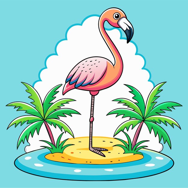 Vektor tropischer rosa flamingo-vogel, handgezeichneter flacher, stilvoller maskottchen, zeichentrickfigur