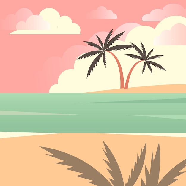 Vektor tropischer sommerstrand mit palmen küstenlandschaft tropischer strand entspannen oder küstenlandschaft