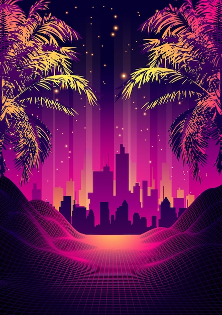 Tropischer Sonnenuntergang im Retro-Stil der 80er Jahre mit Palmen-Silhouette und Hintergrund mit Farbverlauf. Klassisches Retro-Design der 80er Jahre. Digitale Landschaft Cyber-Oberfläche.