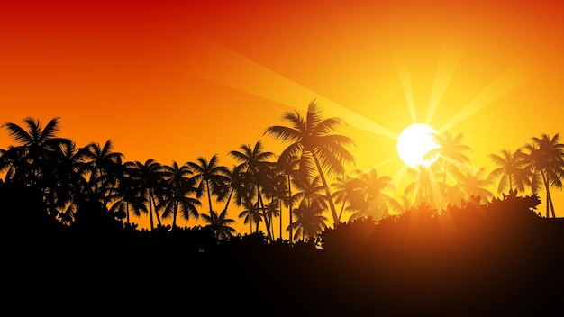 Tropischer Sonnenuntergang mit Silhouette von Palmen und Sonnenstrahlen über den Bäumen