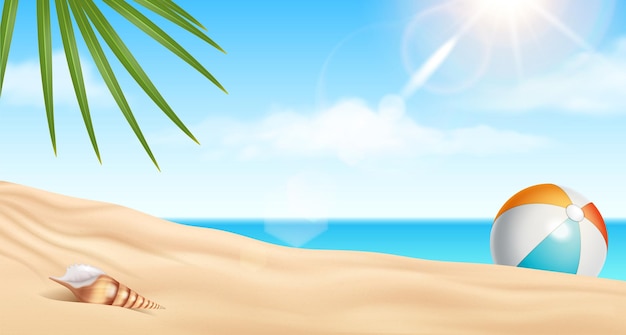 Tropischer Strand mit Palmblatt und Ball