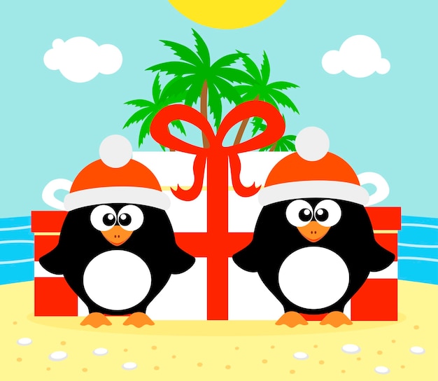 Tropischer weihnachtshintergrund mit zwei pinguinen