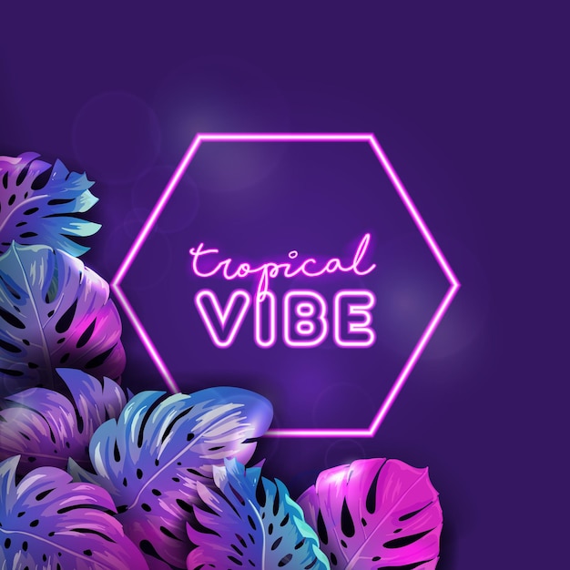 Tropisches neon-vektorbanner, sommerstrandferienplakat, monstera-palmenblätter-design, tropischer heller hintergrund, paradiespartyillustration, lebendige violette vorlage mit textplatz