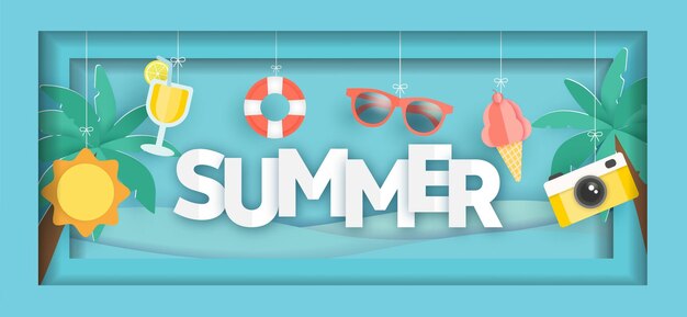Tropisches Sommerverkaufsbanner mit Sommerelementen im Papierschnittstil