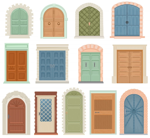 Türen vector Weinlesetürvordereingangs-Aufzugeintritt oder mittelalterliche Gebäudetürpfostentürschwelle und -tor des Aufzuginnenhausinnenraumsatzes