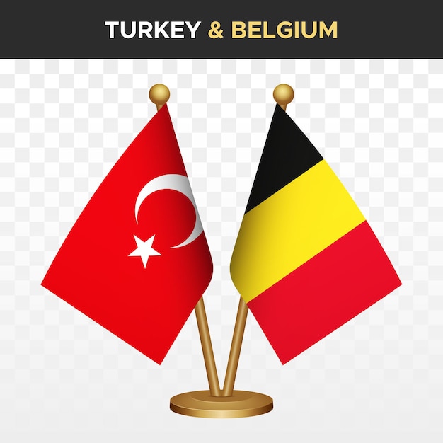 Türkei-Belgien-Fahnen 3D-Stand-Schreibtischfahnen Türkei isoliert auf Weiß