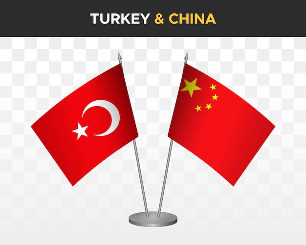 Türkei vs. china schreibtischflaggen mockup isoliert auf weißer 3d-vektorillustration tischflaggen