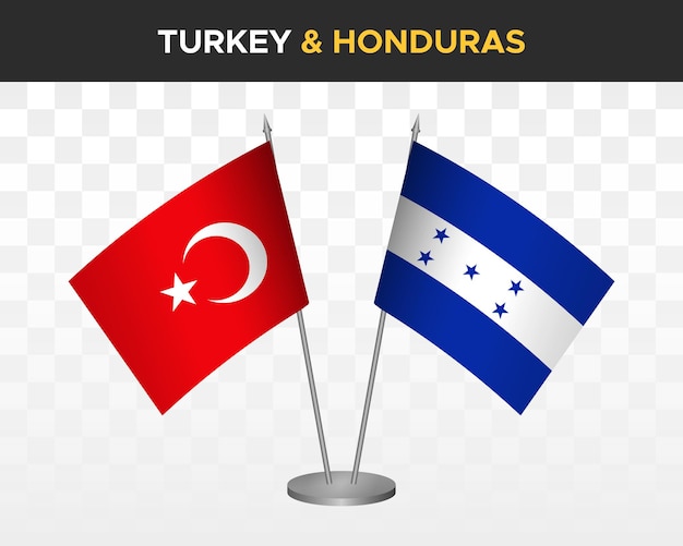 Türkei vs honduras schreibtischflaggen mockup isoliert auf weißer 3d-vektorillustration tischflaggen