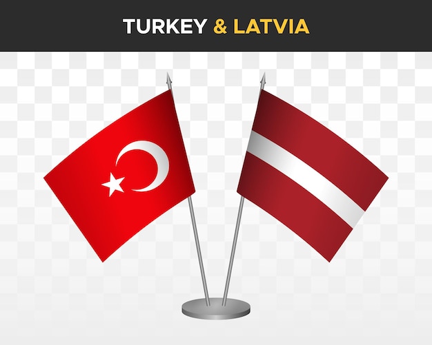 Vektor türkei vs. lettland tischflaggen mockup isoliert auf weißer 3d-vektorillustration tischflaggen