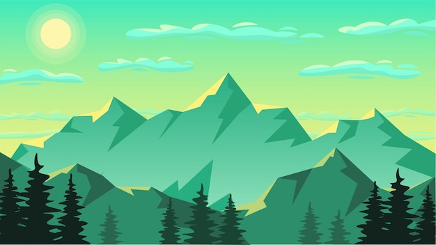 Türkisfrische Berglandschaft mit Kiefernsilhouetten