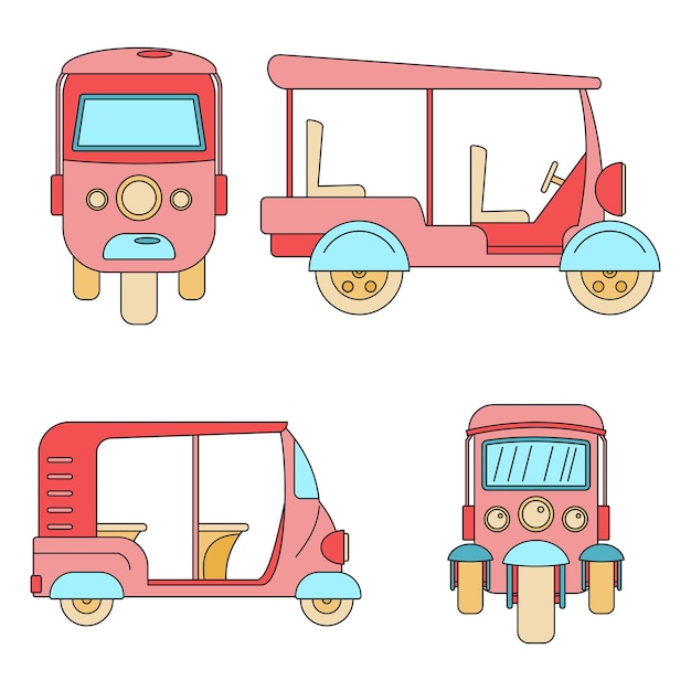 Tuk-Rikscha Thailand Ikonensatz Umrissillustration von 4 Tuk-Rickscha Thailand Vektor-Ikonen dünne Linie Farbe flach auf weiß