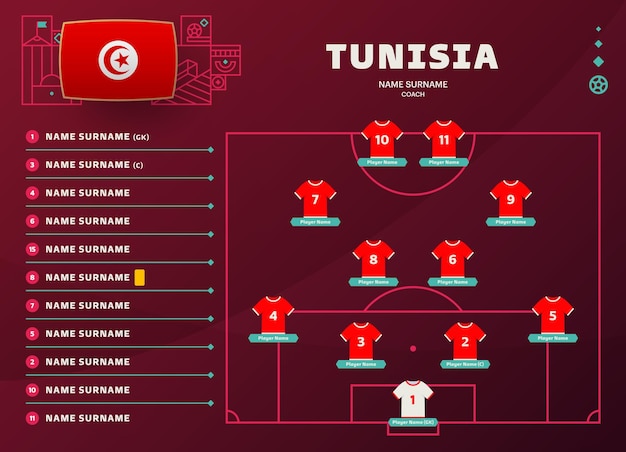 Tunesien lineup world football 2022 turnier endphase vektor illustration ländermannschaft aufstellungstabelle und teambildung auf dem fußballplatz fußballturnier vektor-länderflaggen